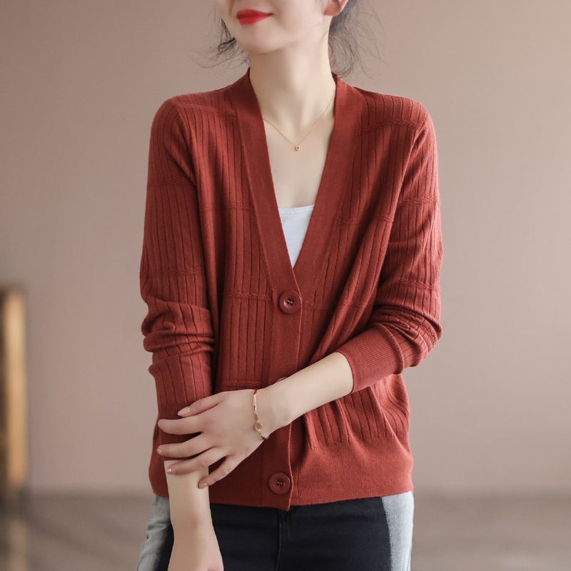 Dam Spring Cotton Stickad Retro V-ringad Cardigan