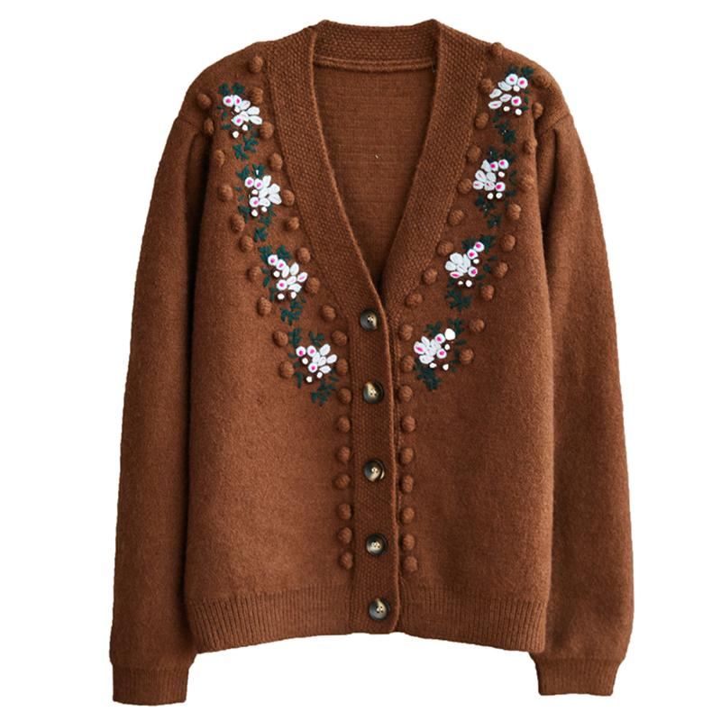 Handgjord Broderi Stickad Vintage Cardigan