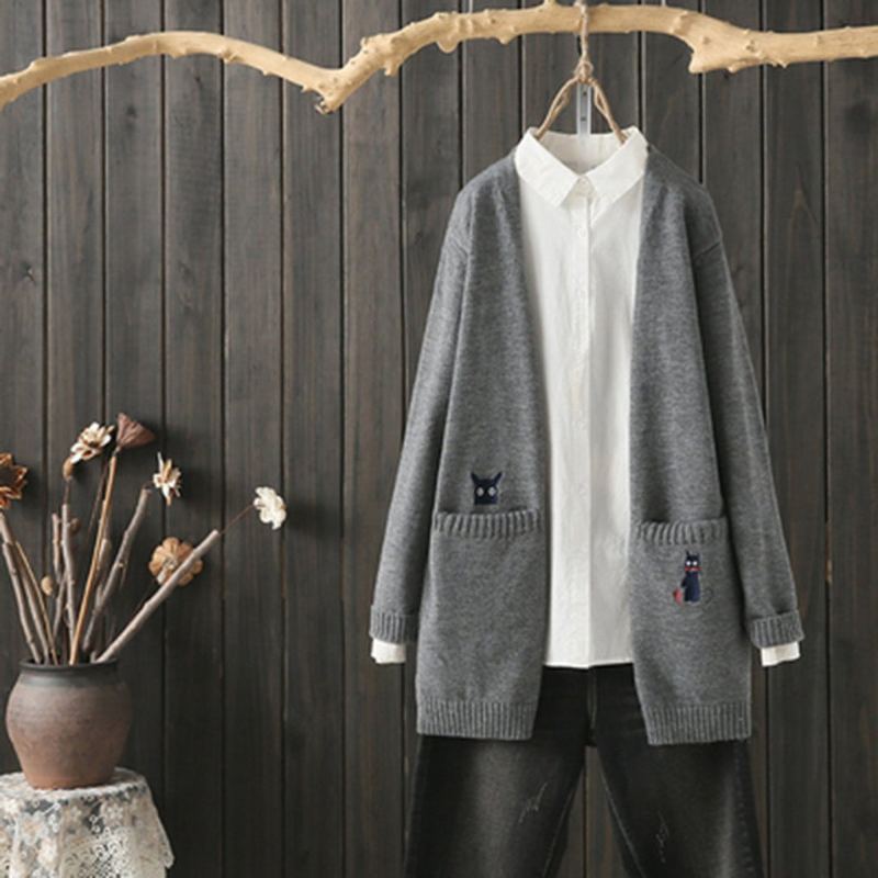 Lös Casual Broderi Stickad Cardigan Coat