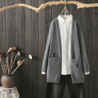 Lös Casual Broderi Stickad Cardigan Coat