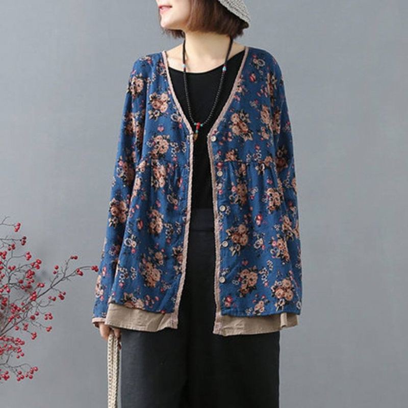 Blommig Vintage Panelad Lös Casual Cardigan Blus