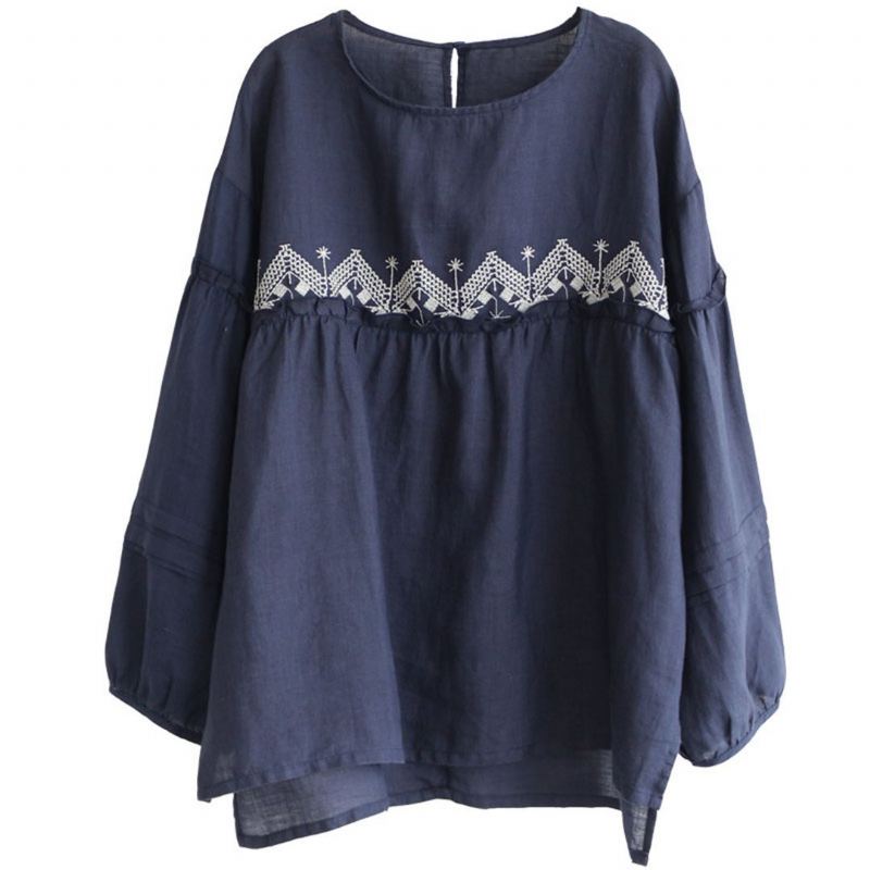 Broderad Linne Raglan Lantern Sleeve Blus