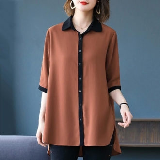 Chic Loose Enkel Solid Hög Låg Långärmad Plus Size Shirt