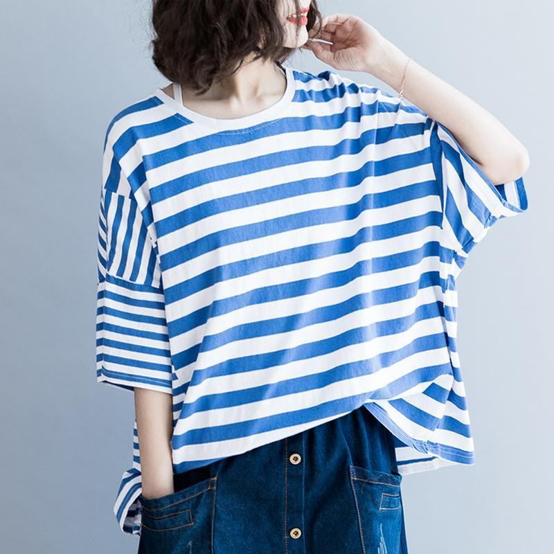 Dam Bomull Casual Stripes Lös T-shirt