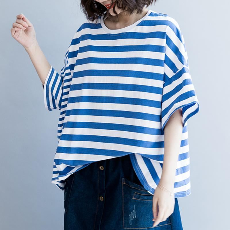 Dam Bomull Casual Stripes Lös T-shirt