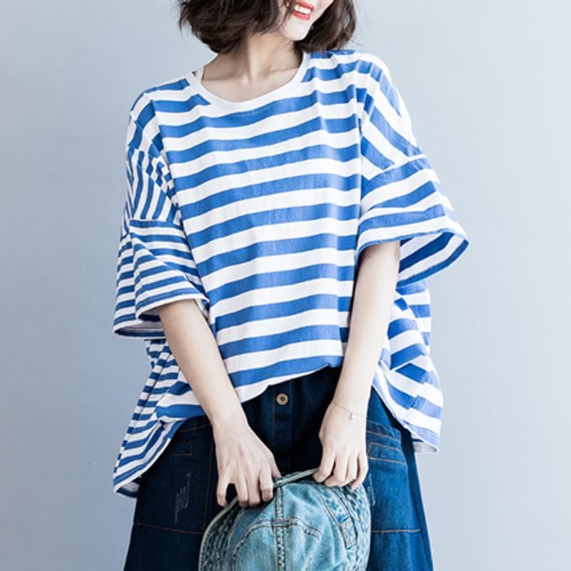 Dam Bomull Casual Stripes Lös T-shirt