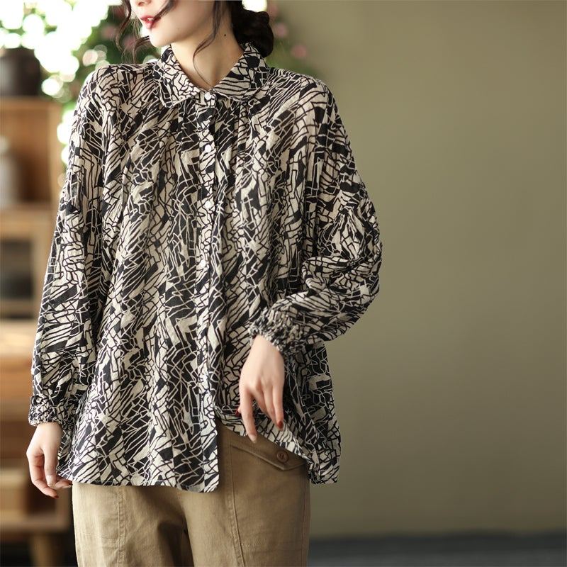 Dam Plus Size Retro Print Spring Blus I Bomull Linne