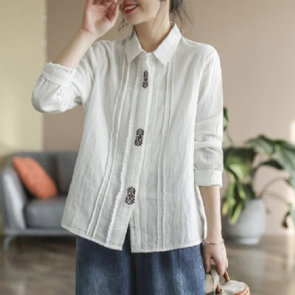 Dam Retro Broderi Spring Bomull Casual Blus