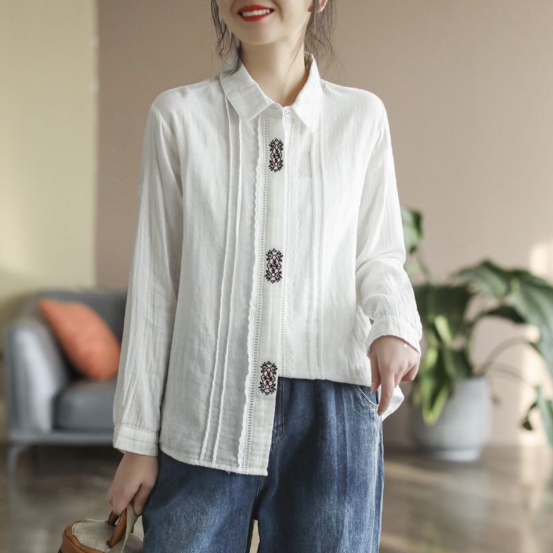 Dam Retro Broderi Spring Bomull Casual Blus