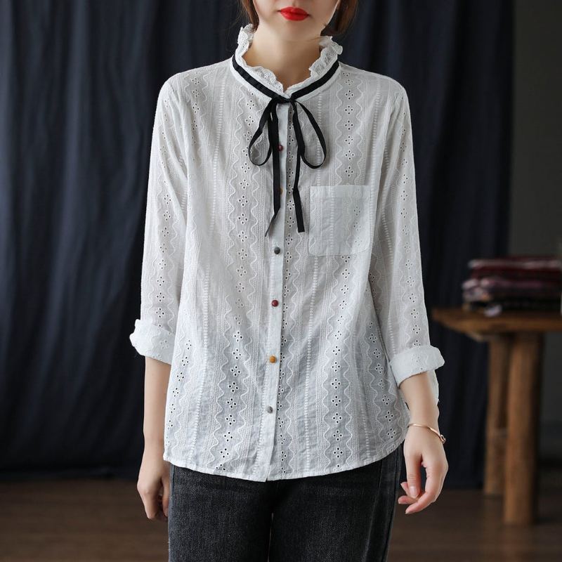 Dam Retro Spring Hollow Cotton Casual Blus