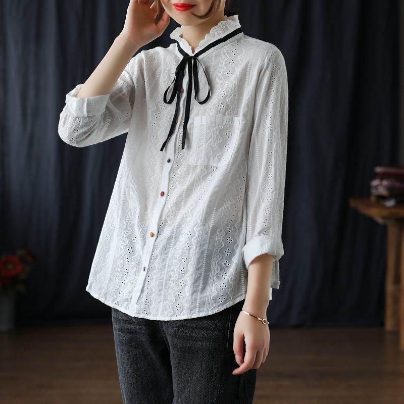 Dam Retro Spring Hollow Cotton Casual Blus