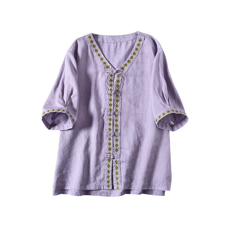 Dam Sommar Bomull Linne Vintage Blus