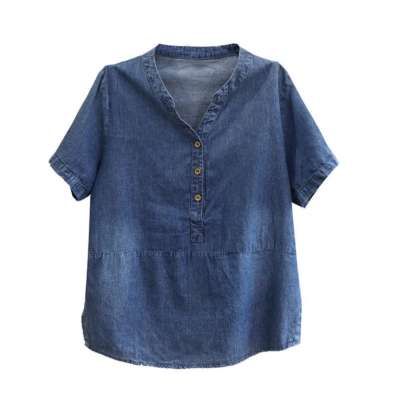 Dam Sommar Mode Lös Tencel Cotton Denim T-shirt