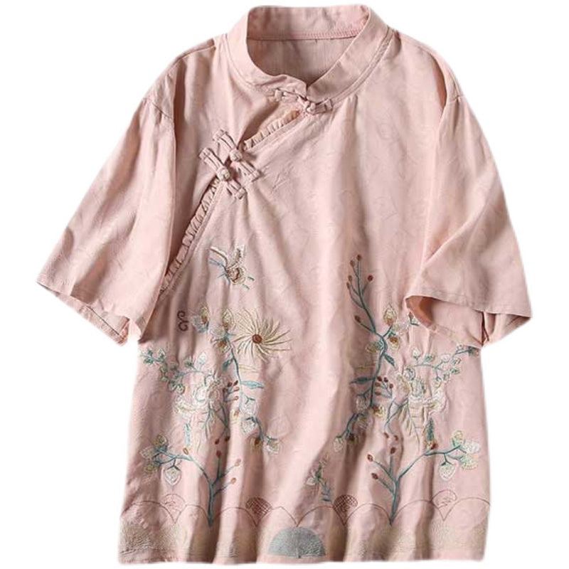 Dam Sommar Retro Blommig Broderi Blus