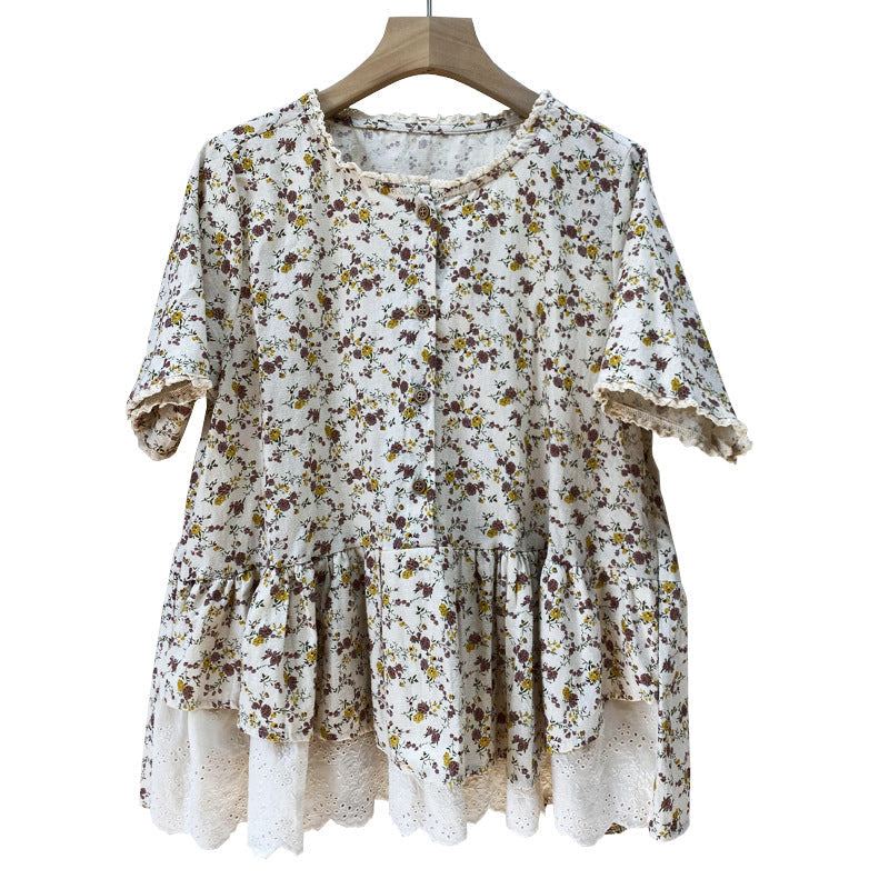 Dam Sommar Retro Blommor Patchwork Bomull Linne Blus