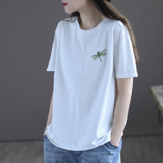 Dam Sommar Retro Dragonfly Broderi T-shirt I Bomull