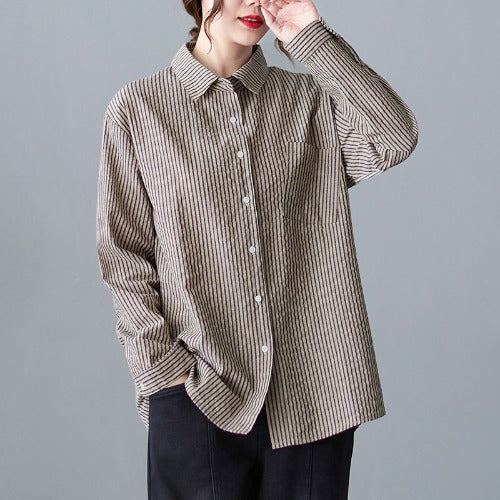 Dam Spring Retro Stripe Cotton Casual Blus