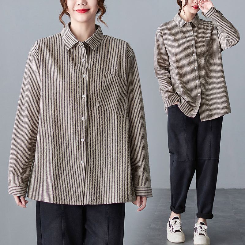 Dam Spring Retro Stripe Cotton Casual Blus