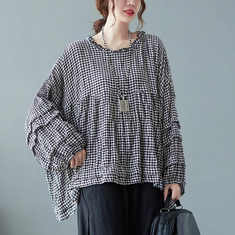 Höst Bomull Linne Pläd Plus Size Puff Shirt