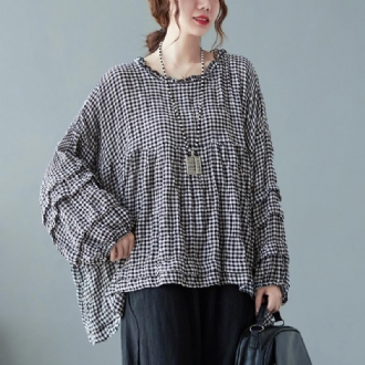 Höst Bomull Linne Pläd Plus Size Puff Shirt