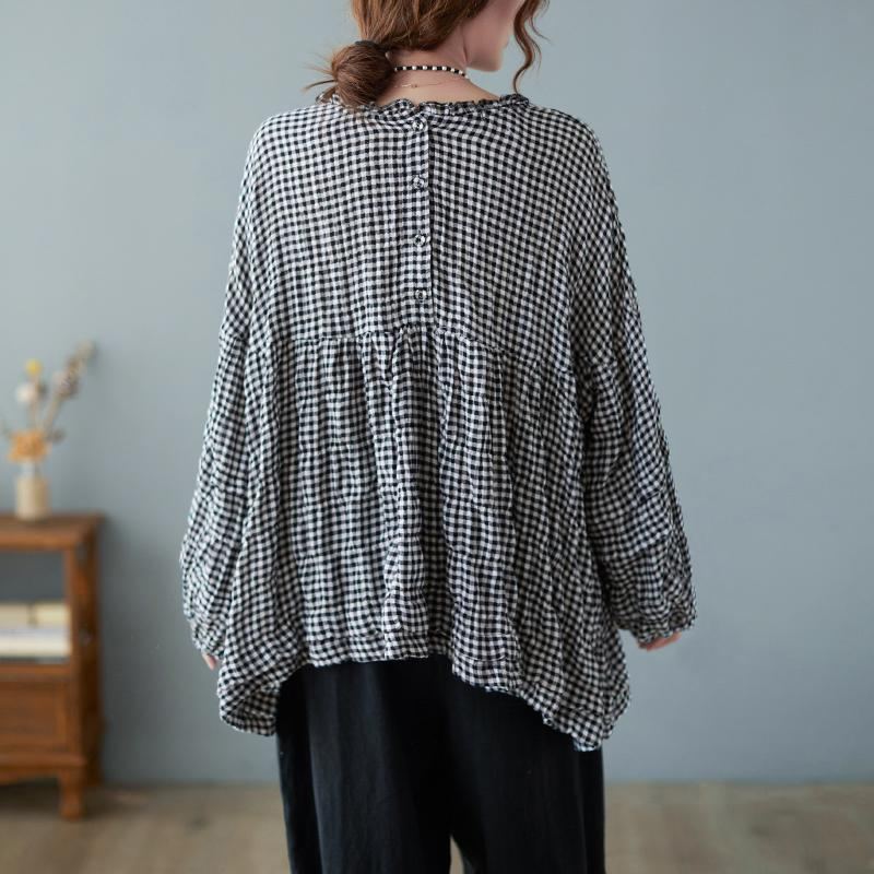 Höst Bomull Linne Pläd Plus Size Puff Shirt