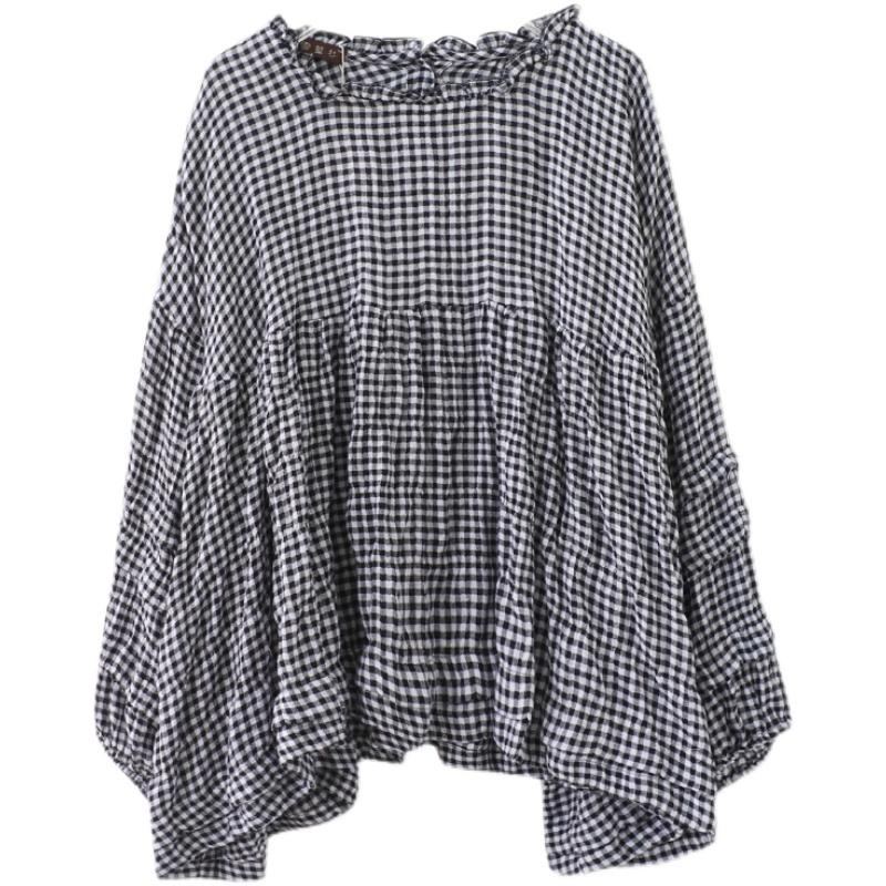 Höst Bomull Linne Pläd Plus Size Puff Shirt