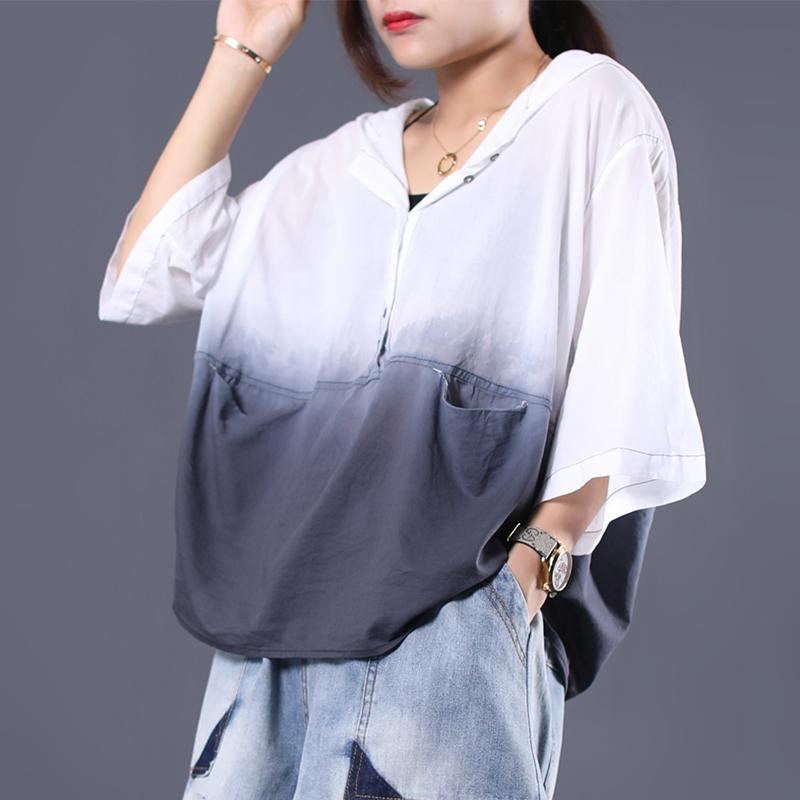 Hooded Casual Loose Pockets Gradient Blus