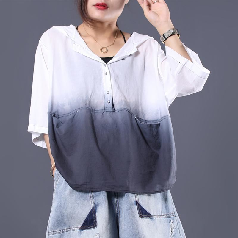 Hooded Casual Loose Pockets Gradient Blus