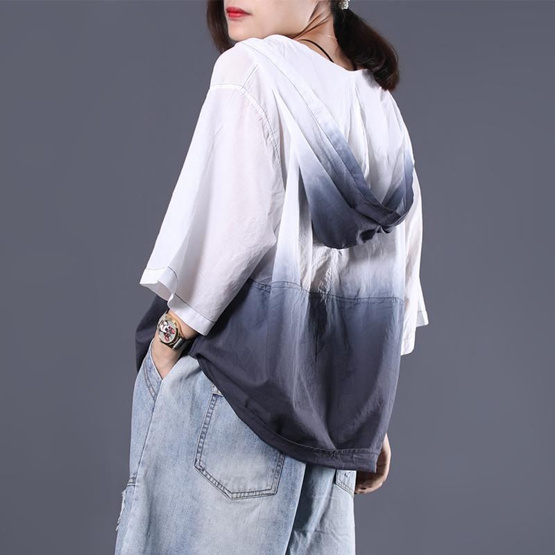 Hooded Casual Loose Pockets Gradient Blus