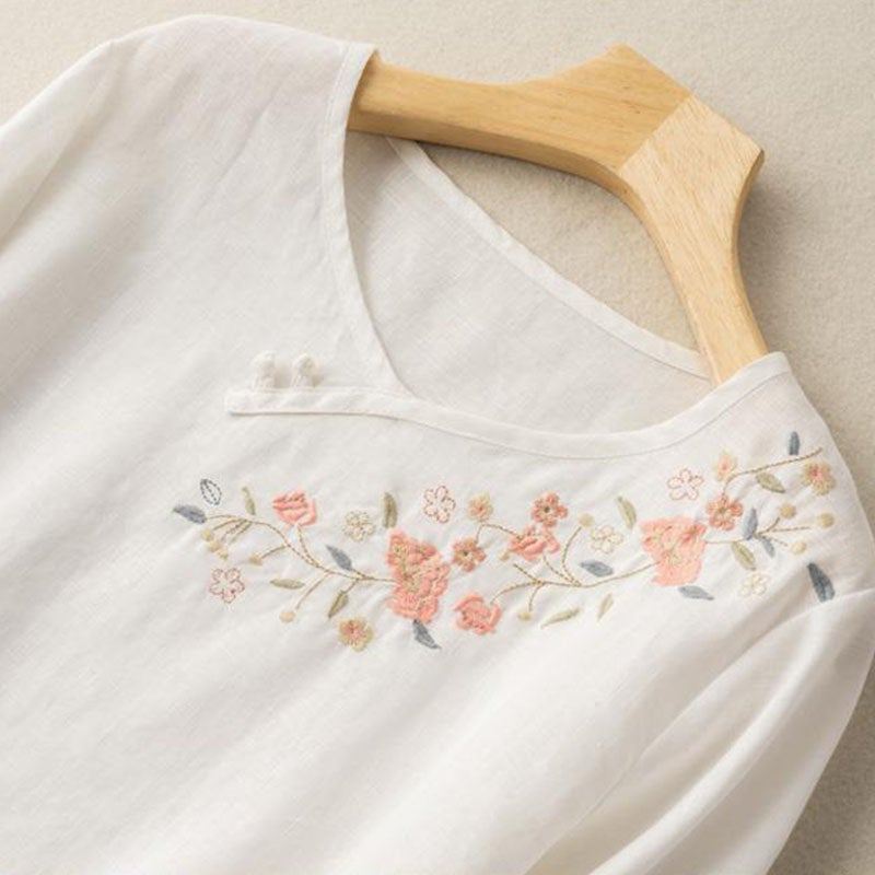 Kvinnor Vår Sommar Retro Blommor Broderi T-shirt I Bomull Linne