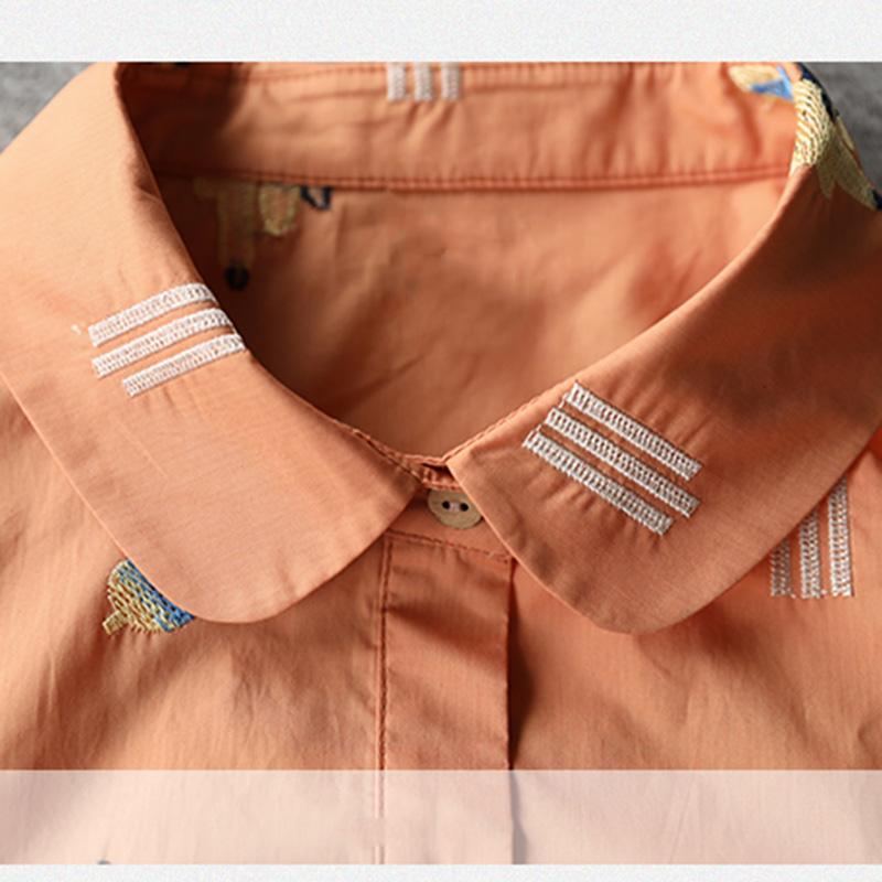 Lös Casual Broderi Orange Mellanlång Skjortklänning