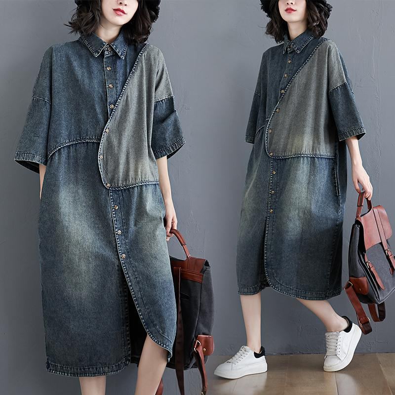 Plus Size Retro Kortärmad Lös Denim Skjorta Klänning