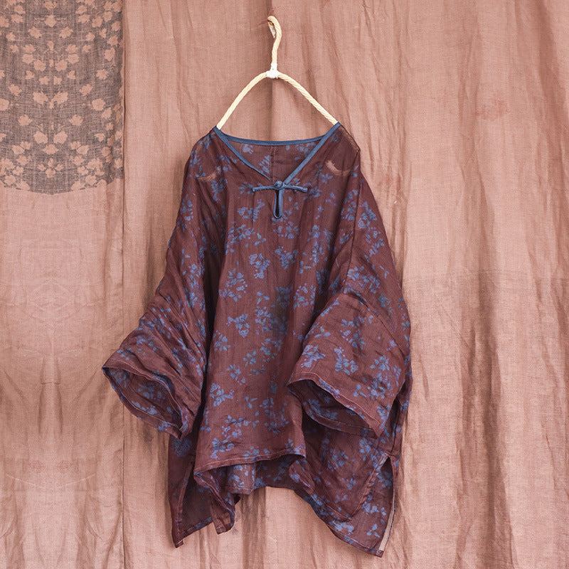 Plus Size Retro Summer Loose Printed Blus