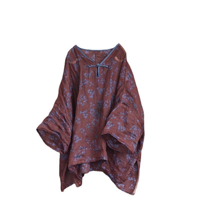 Plus Size Retro Summer Loose Printed Blus