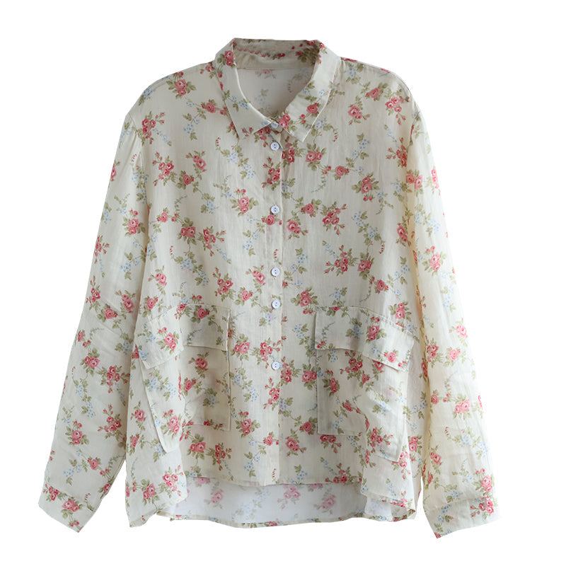 Retro Linne Dam Blommig Lös Casual Blus