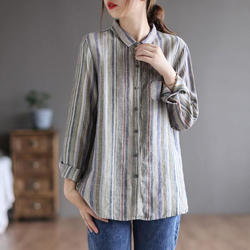 Retro Linne Långärmad Loose Stripe Blus