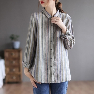 Retro Linne Långärmad Loose Stripe Blus