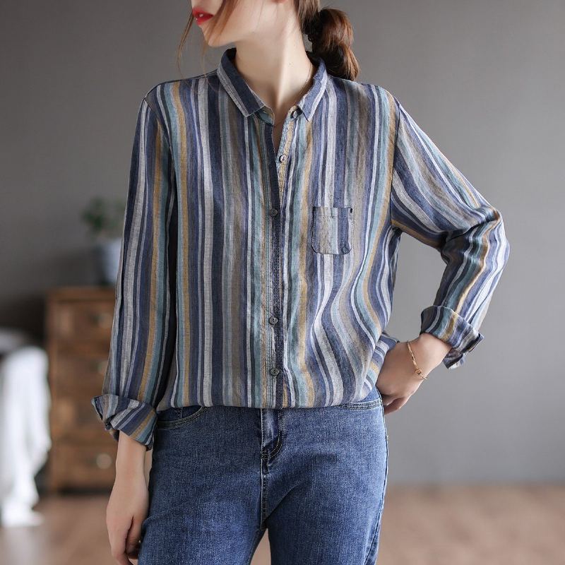 Retro Linne Långärmad Loose Stripe Blus