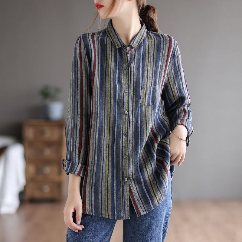 Retro Linne Långärmad Loose Stripe Blus