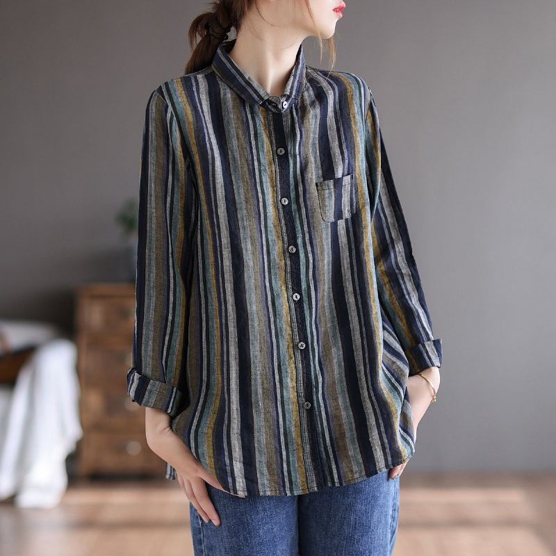 Retro Linne Långärmad Loose Stripe Blus