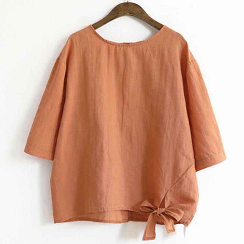 Solid Bomull Linne Front Knot Casual Blus