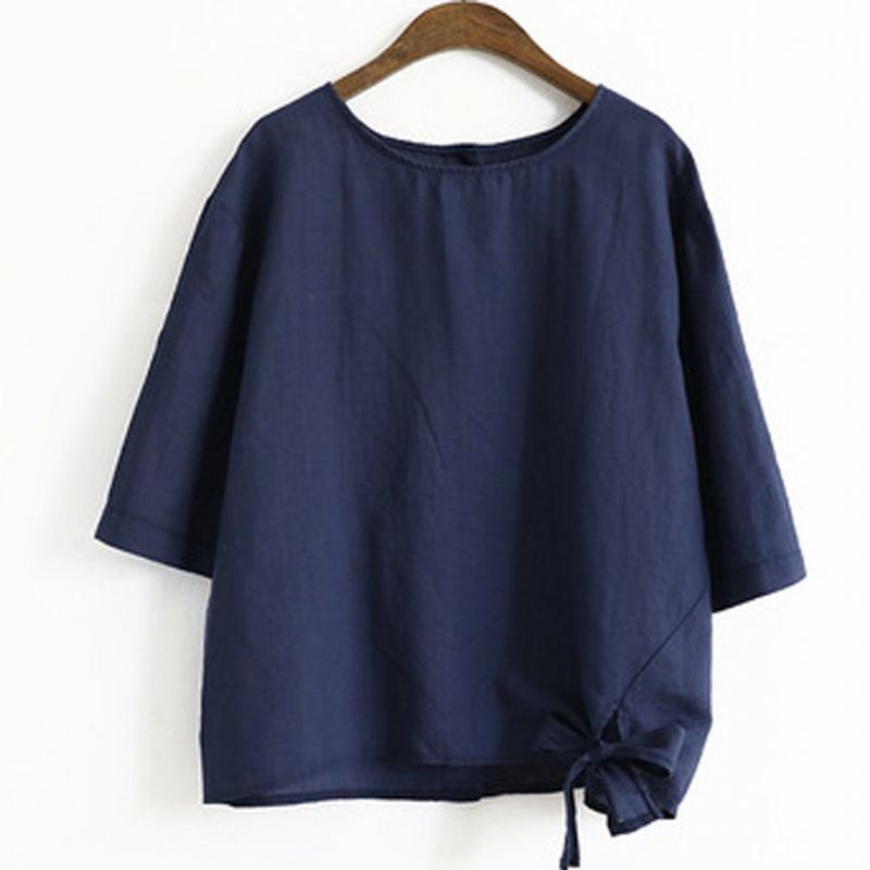 Solid Bomull Linne Front Knot Casual Blus