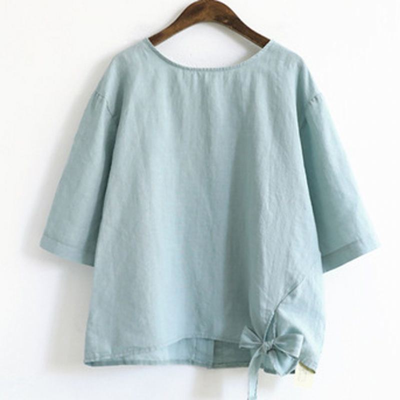 Solid Bomull Linne Front Knot Casual Blus