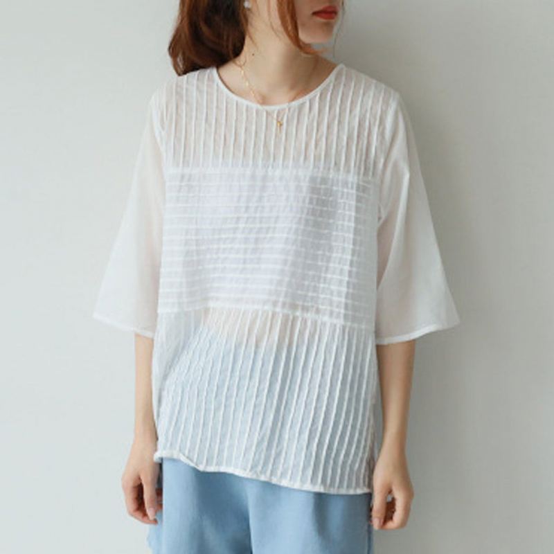 Solid Ruched Cotton Casual Lös Blus