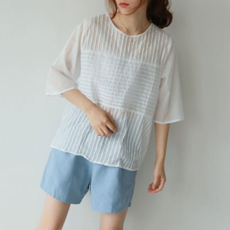 Solid Ruched Cotton Casual Lös Blus