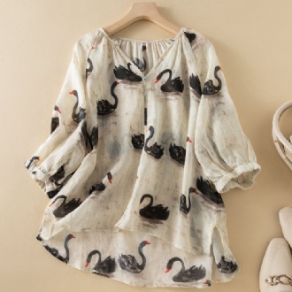 Sommar Dam Retro Swan Printed Tunn Linne Blus