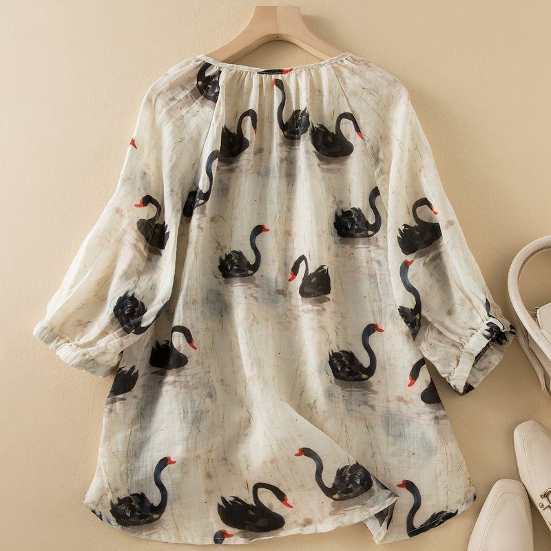 Sommar Dam Retro Swan Printed Tunn Linne Blus