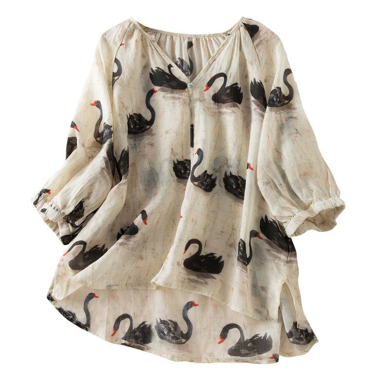 Sommar Dam Retro Swan Printed Tunn Linne Blus