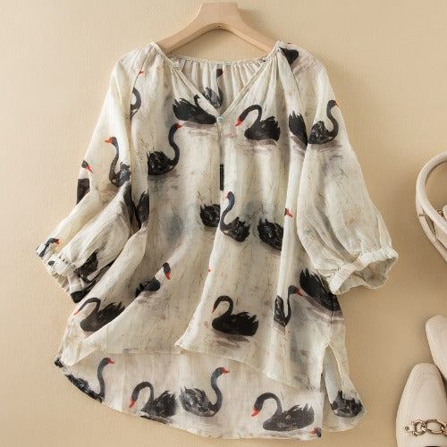 Sommar Dam Retro Swan Printed Tunn Linne Blus