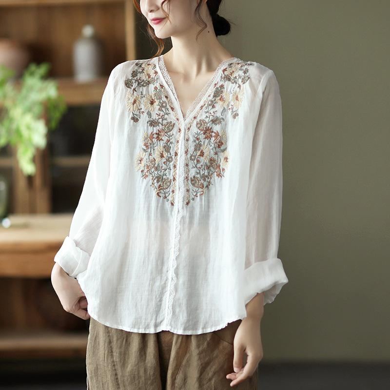 Spring Linne Spets Elegant Retro Broderi Blus